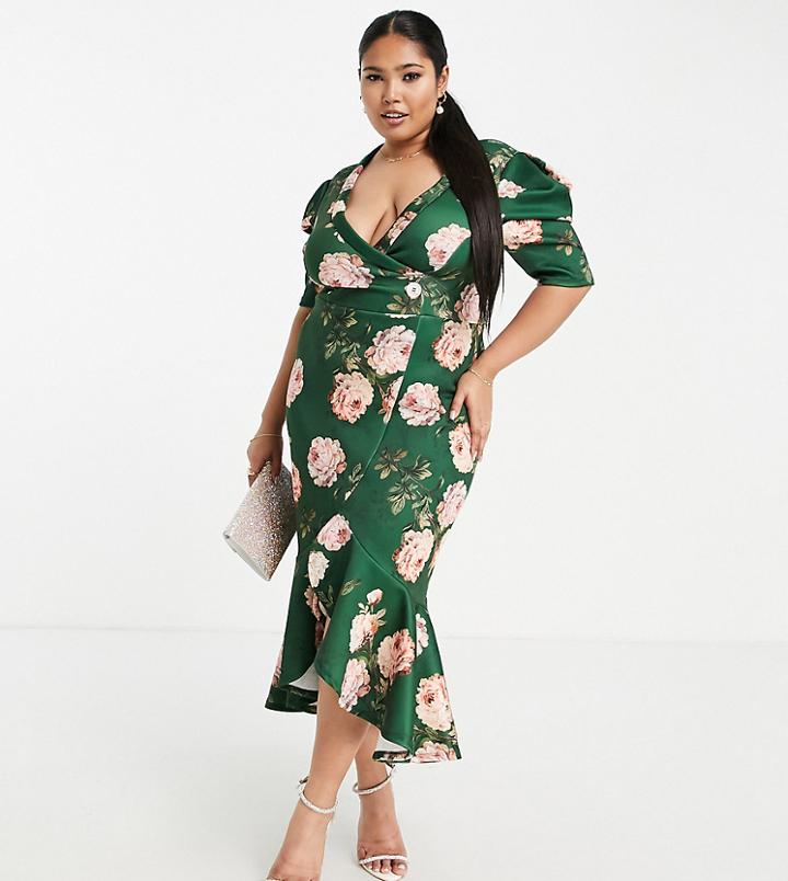 Asos Design Curve Puff Sleeve Tux Midi Dress In Teal Floral Print-multi