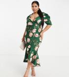 Asos Design Curve Puff Sleeve Tux Midi Dress In Teal Floral Print-multi