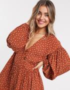Asos Design Wrap Oversize Smock Jumpsuit With Button In Rust Dots-multi