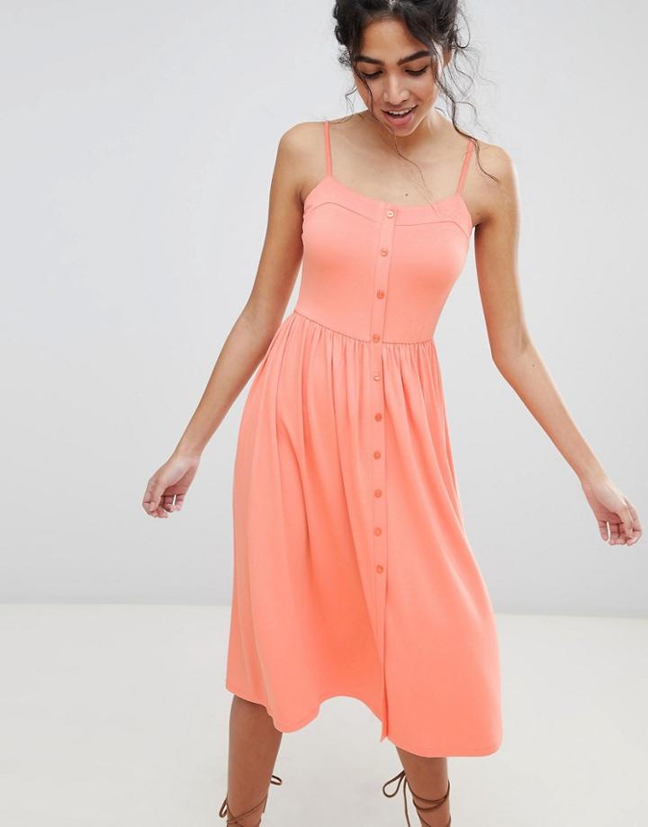 Asos Design Square Neck Midi Button Front Smock Dress - Pink