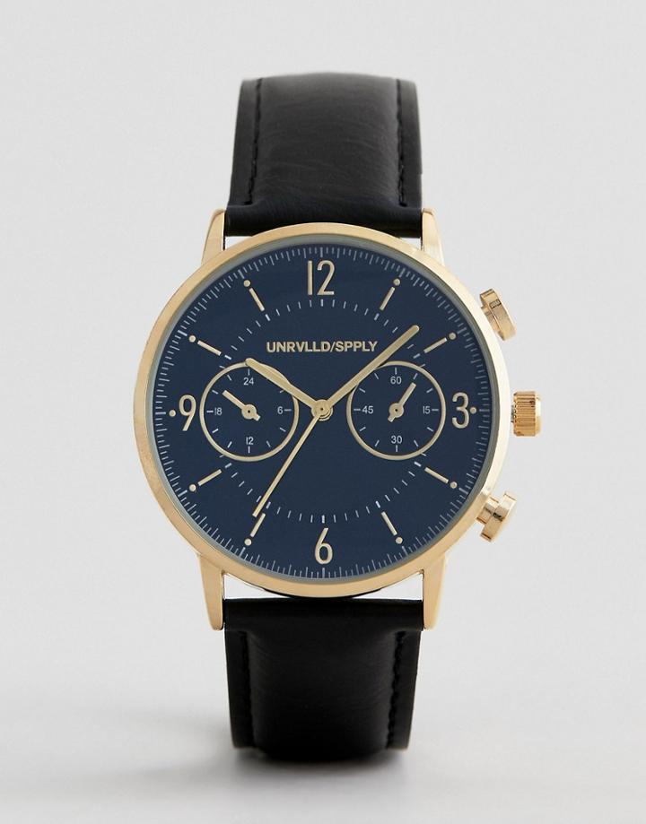 Asos Design Watch With Contrast Navy Dial In Black Faux Leather - Gold