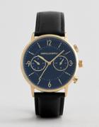 Asos Design Watch With Contrast Navy Dial In Black Faux Leather - Gold