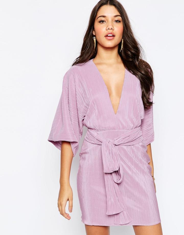 Asos Plisse Pleated Mini Kimono With Belt Dress - Dusty Pink