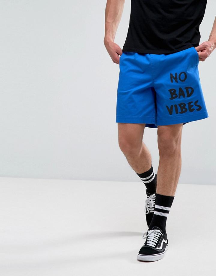 Asos Slim Elasticated Waist Shorts With No Bad Vibes Print - Blue