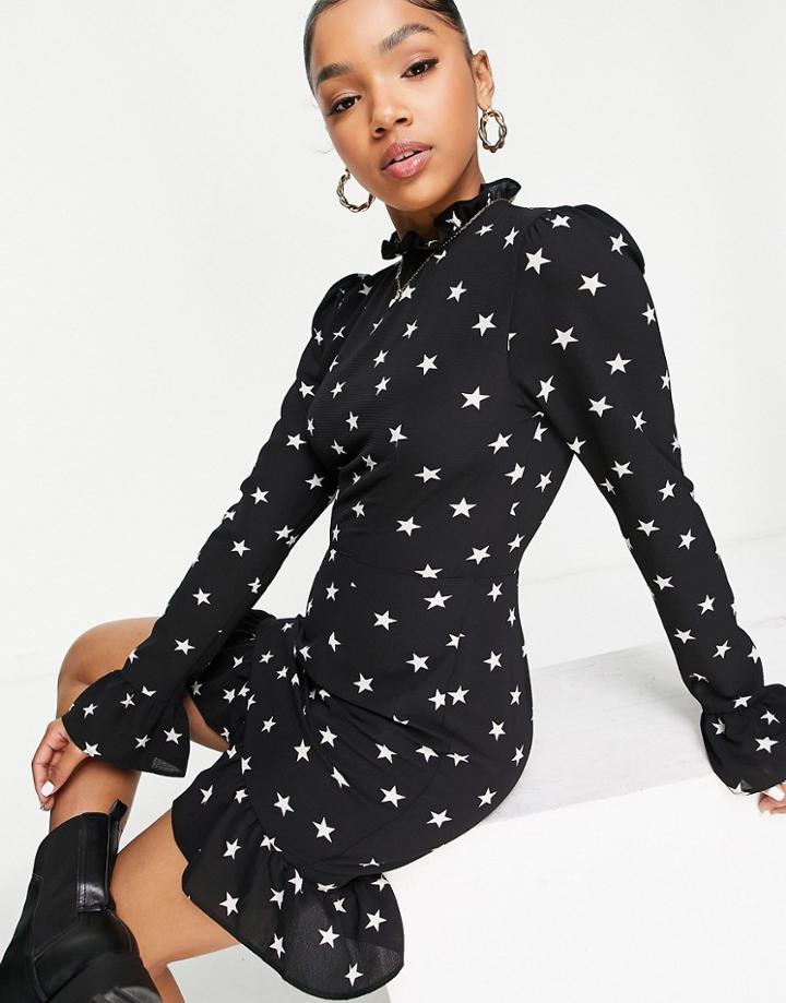 Asos Design Frill Neck Mini Dress With Fluted Three Quarter Sleeves In Star Print-multi