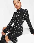 Asos Design Frill Neck Mini Dress With Fluted Three Quarter Sleeves In Star Print-multi