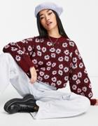Topshop Knitted Oversized Flower Sweater In Burgundy-red
