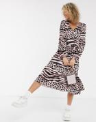 Liquorish Smock Maxi Dress With Drop Hem In Contrast Animal Print-multi