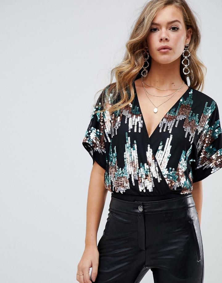 Asos Design Kimono Body In Sequin Stripe - Multi