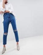 Asos Farleigh High Waist Slim Mom Jeans In Bonnie Wash With Super Wide Busted Knee - Blue