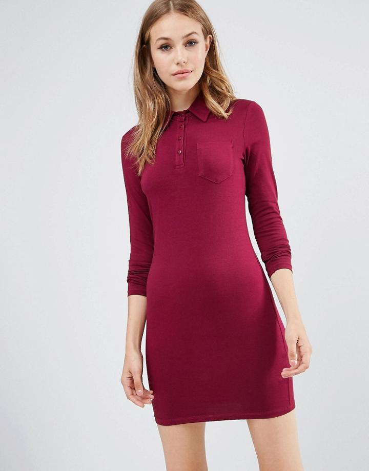 Asos Long Sleeve Polo Shirt Dress - Red