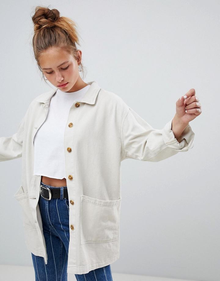 Pull & Bear Ecru Wash Denim Jacket Longline - Cream