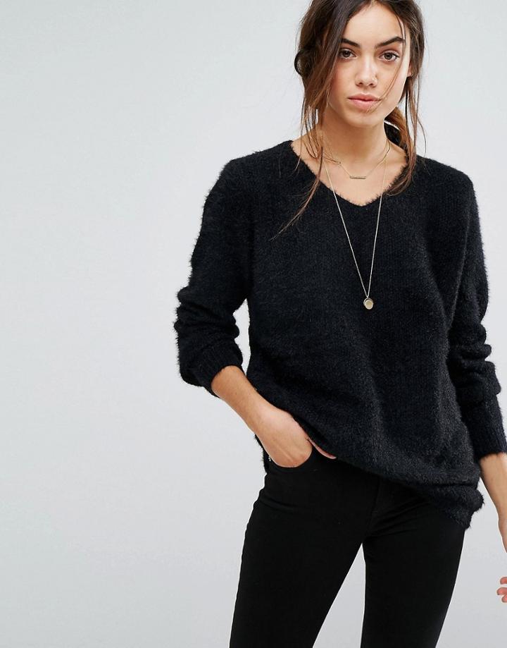 Wild Flower V Neck Distressed Sweater - Black