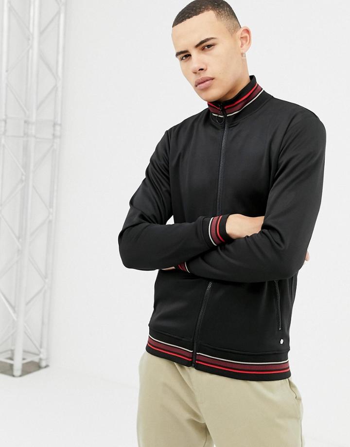 Solid Sateen Track Jacket Stripe Collar And Cuffs In Black - Black