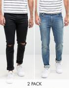 Asos Skinny Jeans 2 Pack In Black With Knee Rips & Mid Blue - Multi