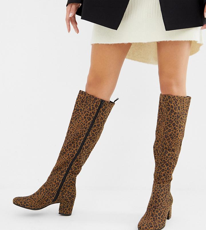 Monki Knee High Heeled Boot In Leopard Print - Multi