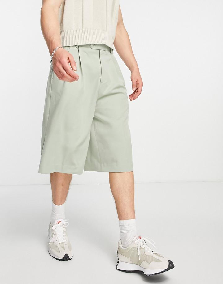 Asos Design Smart Longline Wide Shorts In Light Khaki-green
