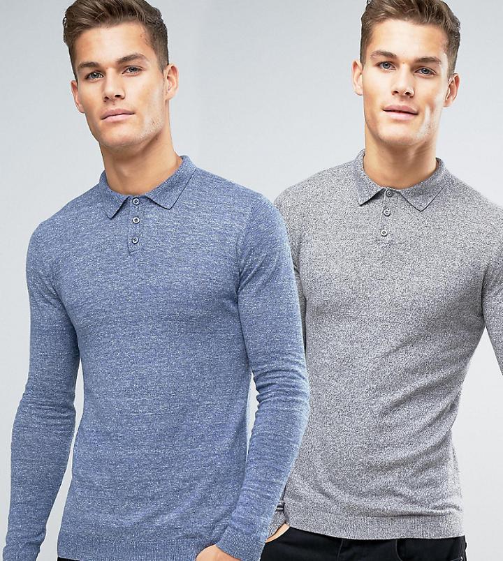 Asos Design Muscle Fit Polo In Blue / Gray 2 Pack Save - Multi