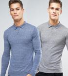 Asos Design Muscle Fit Polo In Blue / Gray 2 Pack Save - Multi