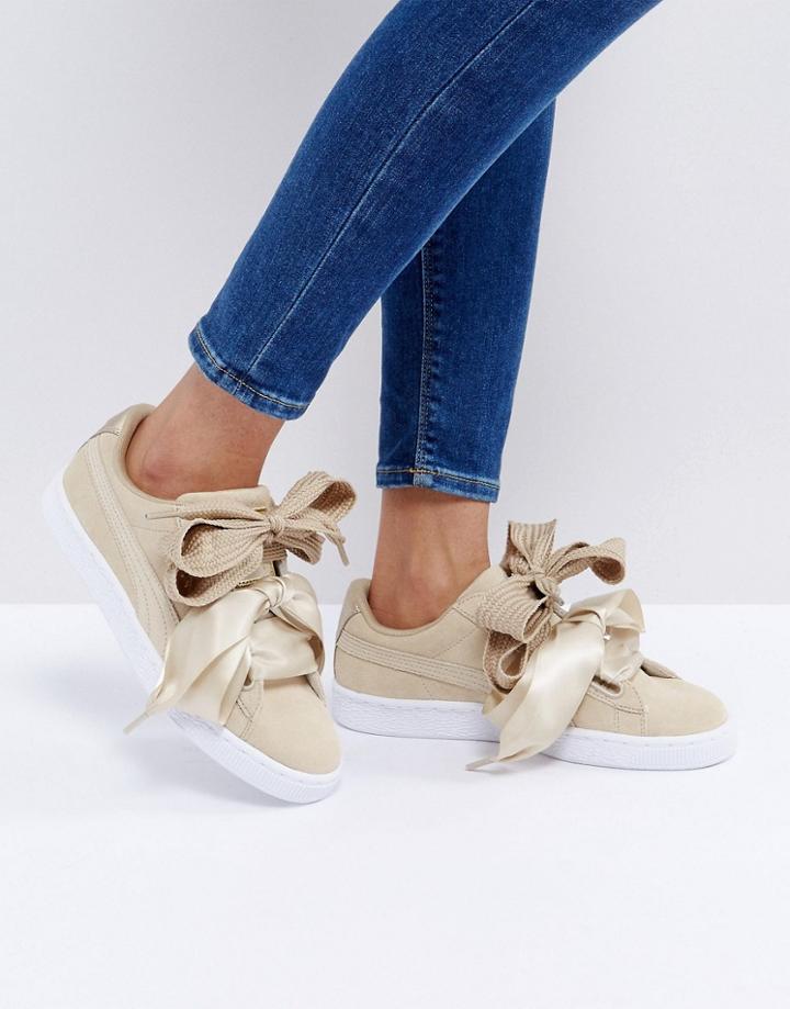 Puma Basket Heart Sneakers With Metallic Trim In Tan - Tan