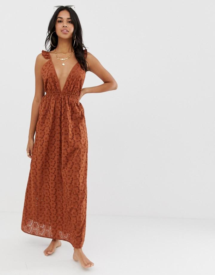 Asos Design Broderie Frill Plunge Maxi Beach Dress In 70s Brown