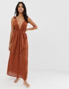 Asos Design Broderie Frill Plunge Maxi Beach Dress In 70s Brown