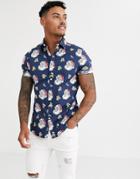 Asos Design Slim Fit Stretch Shirt In Santa Face Print-navy
