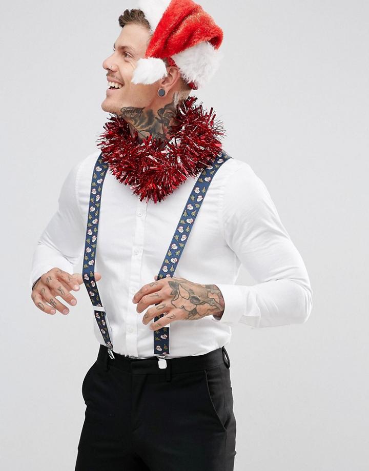 Asos Holidays Suspenders With Santa And Tree Print In Navy - Navy