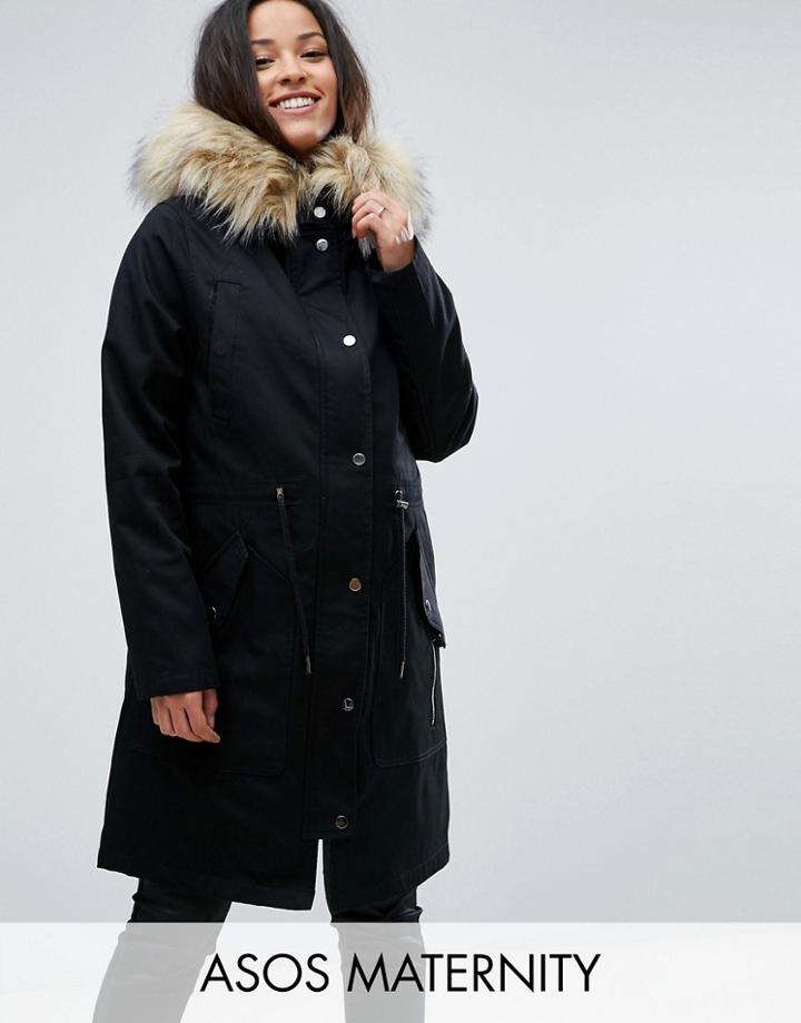 Asos Maternity Parka With Detachable Faux Fur Liner - Black