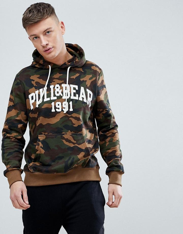 Pull & Bear Hoodie With Logo In Camo - Brown