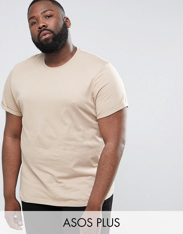 Asos Plus T-shirt With Roll Sleeve - Beige