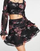 Love Triangle Ruched Mini Skirt With Flounce Hem In Black Floral - Part Of A Set