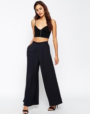 Asos Wide Leg Trouser In Satin Back - Navy