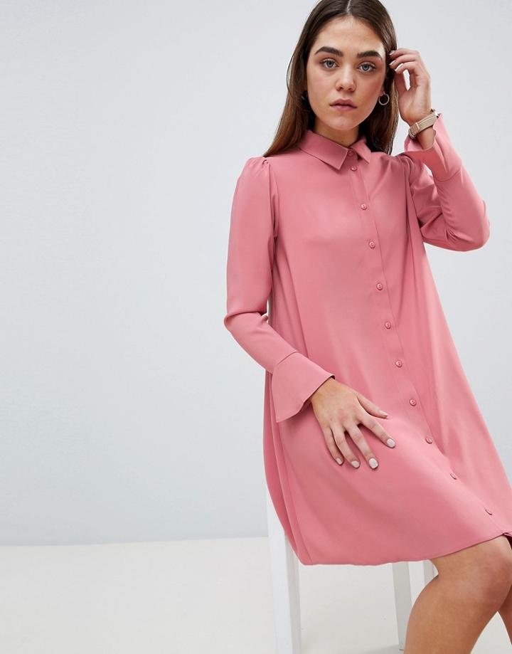 Asos Design Long Sleeve Mini Shirt Dress - Pink
