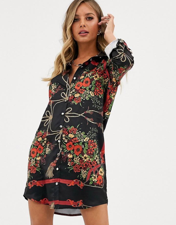 Parisian Tie Waist Shirt Dress In Black Floral Print