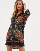 Parisian Tie Waist Shirt Dress In Black Floral Print