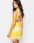 Foxiedox Mona Contrast Lace Mini Dress With Lace Up Back Detail - Limoncello
