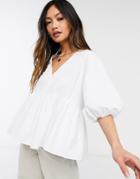 Asos Design Cotton Smock Top With Tie Back In White