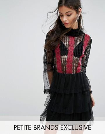 White Cove Petite Contrast Lace Panel Mini Skater Dress With Fluted Sl