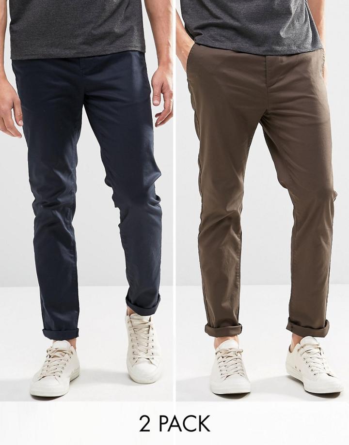 Asos 2 Pack Slim Chinos In Navy And Khaki Save 15%