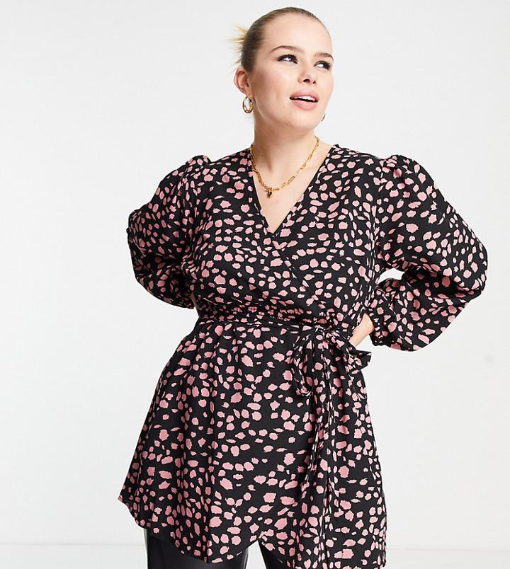 Yours Balloon Sleeve Wrap Top In Black Animal Print