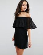 Asos Off Shoulder Lace Mini Shift Dress With Frill Detail - Black