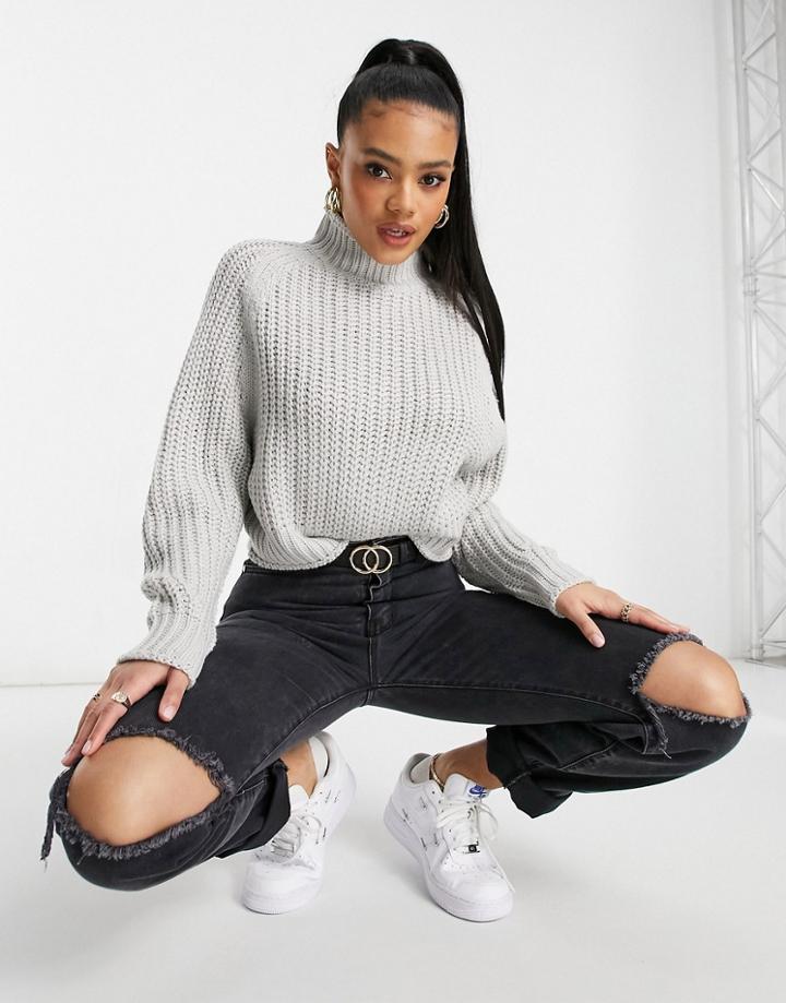 Brave Soul Bianca High Neck Fisherman Sweater In Gray-grey