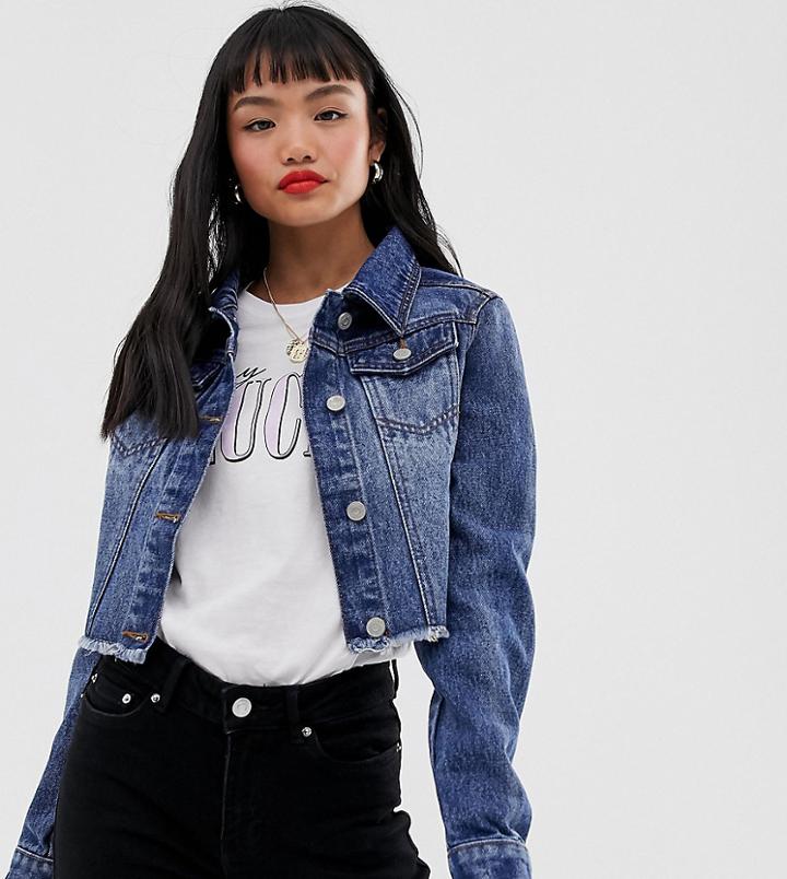 Brave Soul Petite Cropped Denim Jacket In Mid Wash-blue