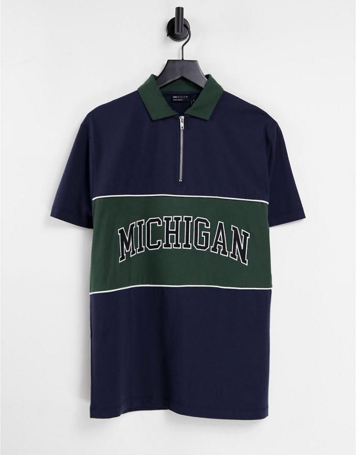 Asos Design Relaxed Polo T-shirt In Navy & Green Color Block With Michigan Print