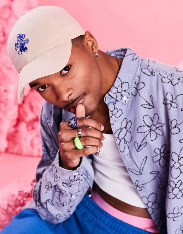 Asos Design Baseball Cap In Ecru With Teddy Embroidery-white
