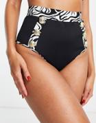 River Island Button Trim Bikini Bottom In Zebra Top In Black