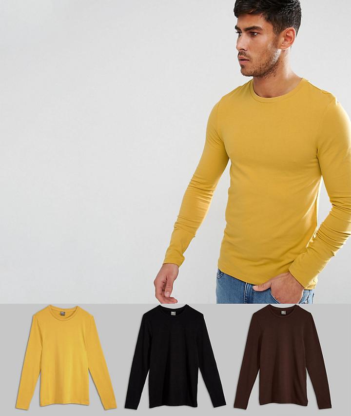 Asos Design Extreme Muscle Fit Long Sleeve T-shirt 3 Pack Save - Multi