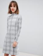 Esprit High Neck Dress In Gray Check - Gray