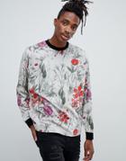 Asos Design Oversized Long Sleeve T-shirt With All Over Floral Print - Gray